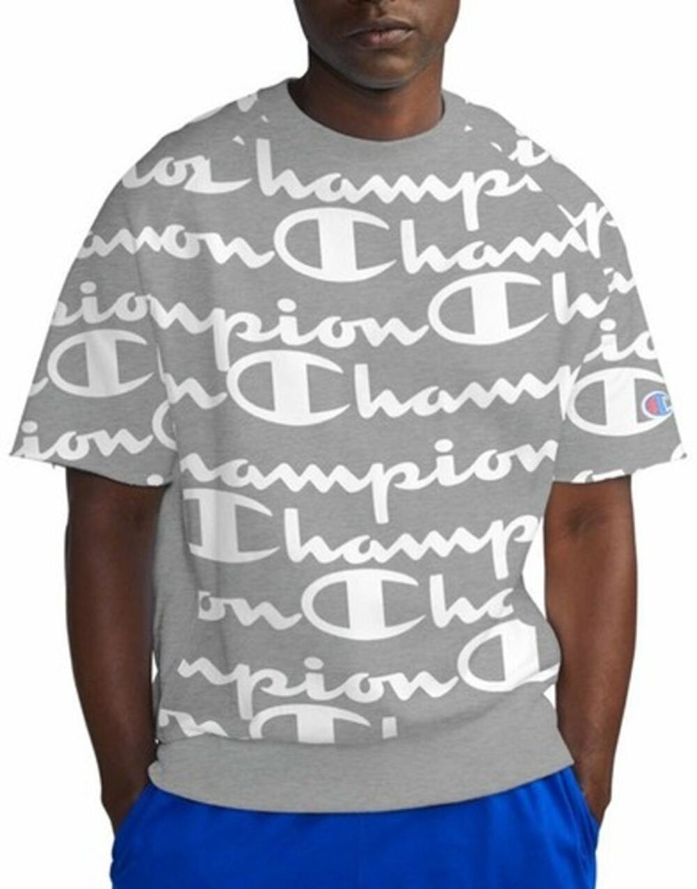 CHAMPION LIFE Sweatshirt All Over Script Logo Fleece Short Sleeve Grey MEDIUM